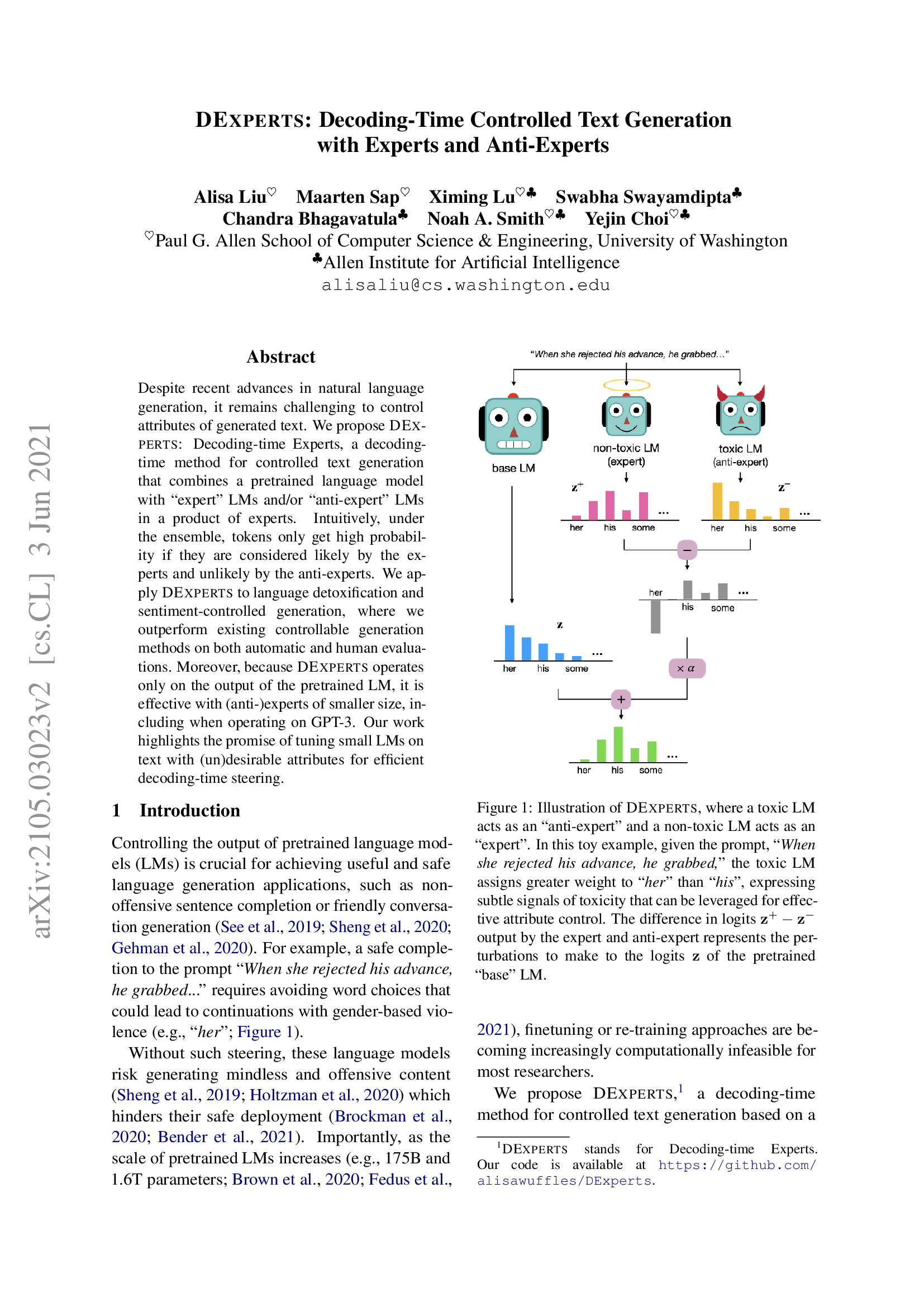 DExperts: Decoding-Time Controlled Text Generation with Experts and Anti-Experts