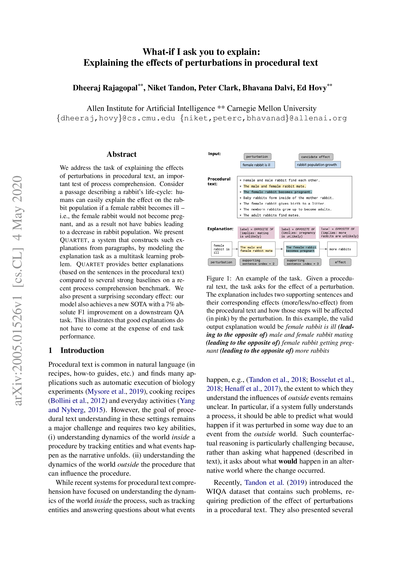 What-if I ask you to explain: Explaining the effects of perturbations in procedural text
