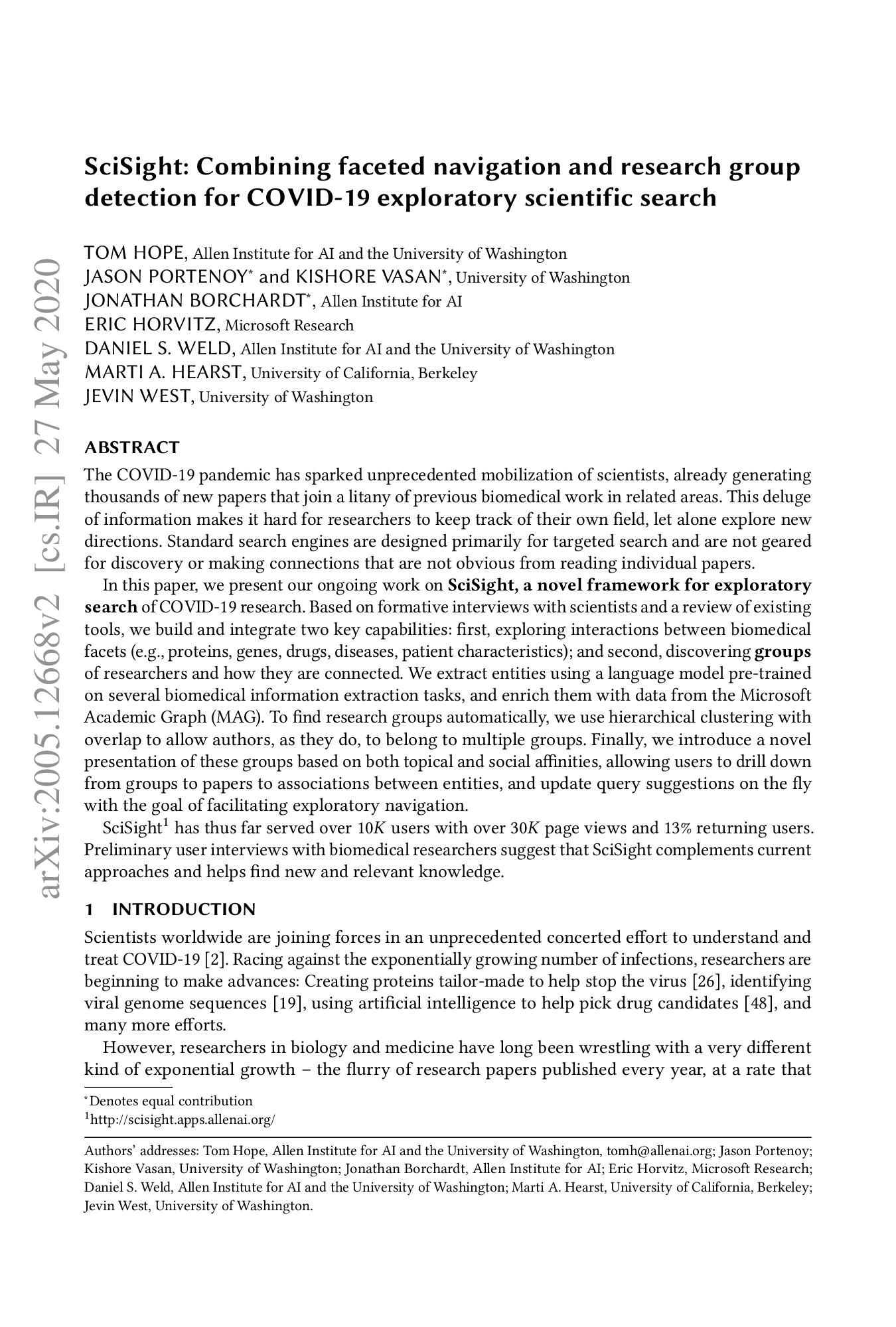 SciSight: Combining faceted navigation and research group detection for COVID-19 exploratory scientific search