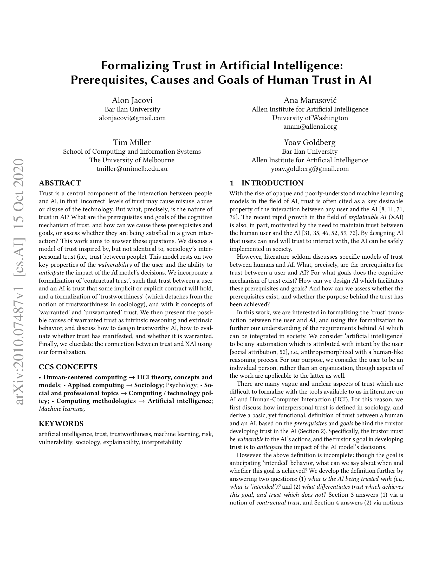 Formalizing Trust in Artificial Intelligence: Prerequisites, Causes and Goals of Human Trust in AI