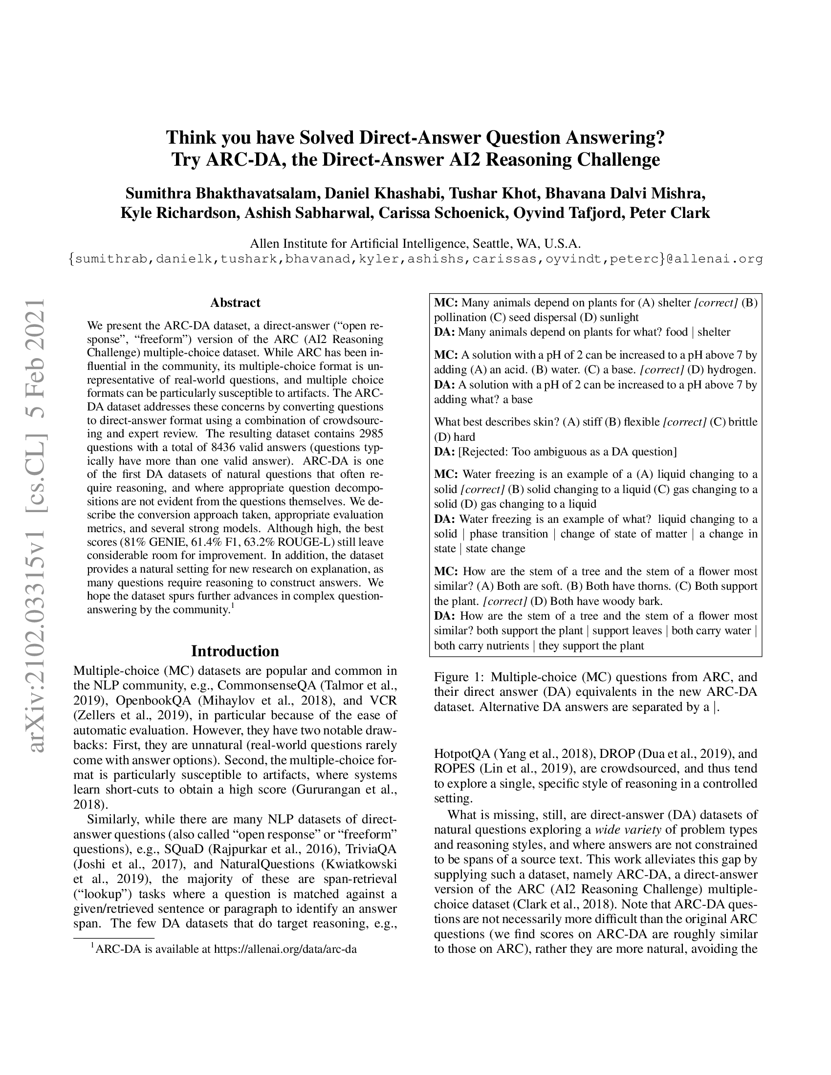 Think you have Solved Direct-Answer Question Answering? Try ARC-DA, the Direct-Answer AI2 Reasoning Challenge