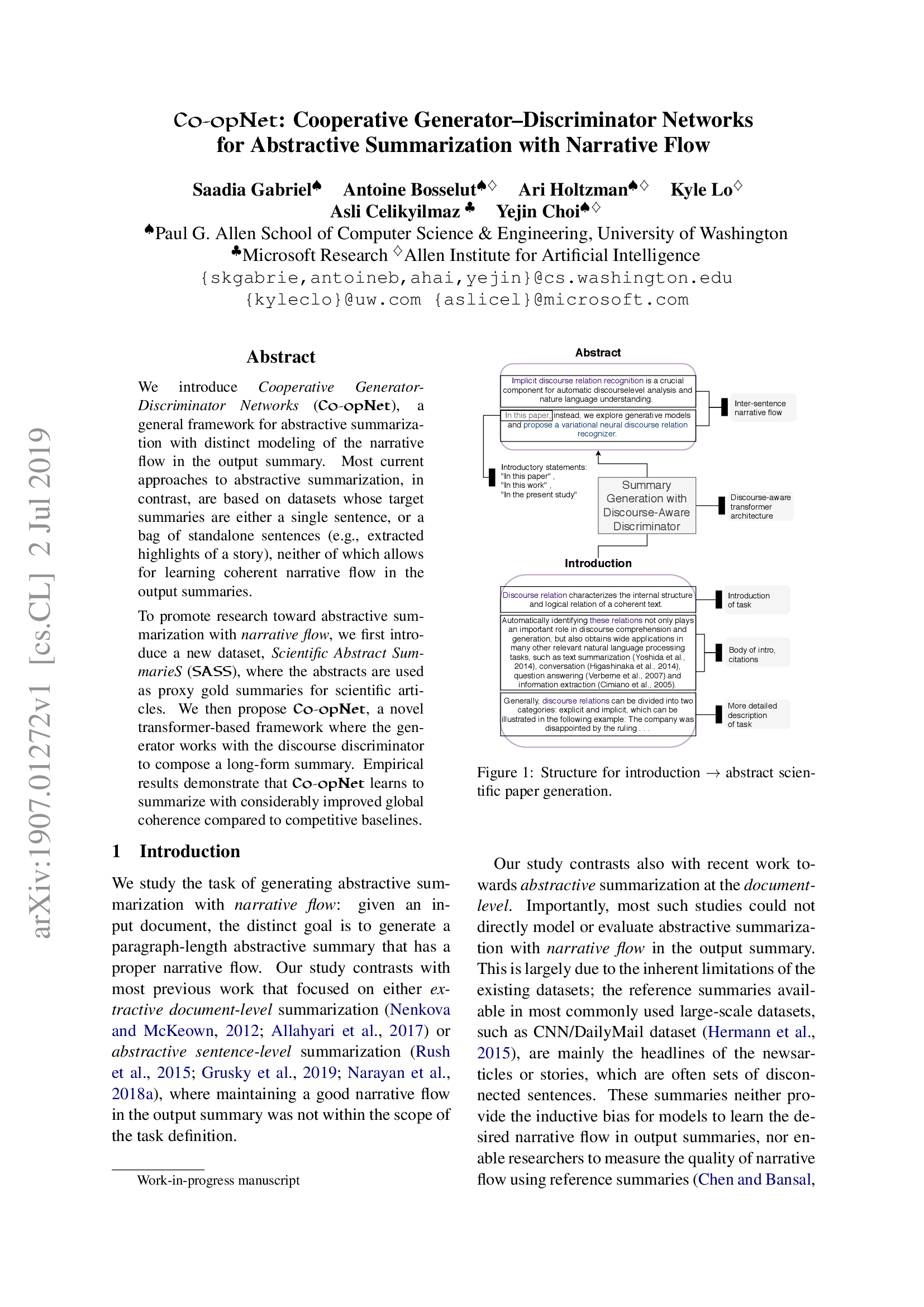Cooperative Generator-Discriminator Networks for Abstractive Summarization with Narrative Flow