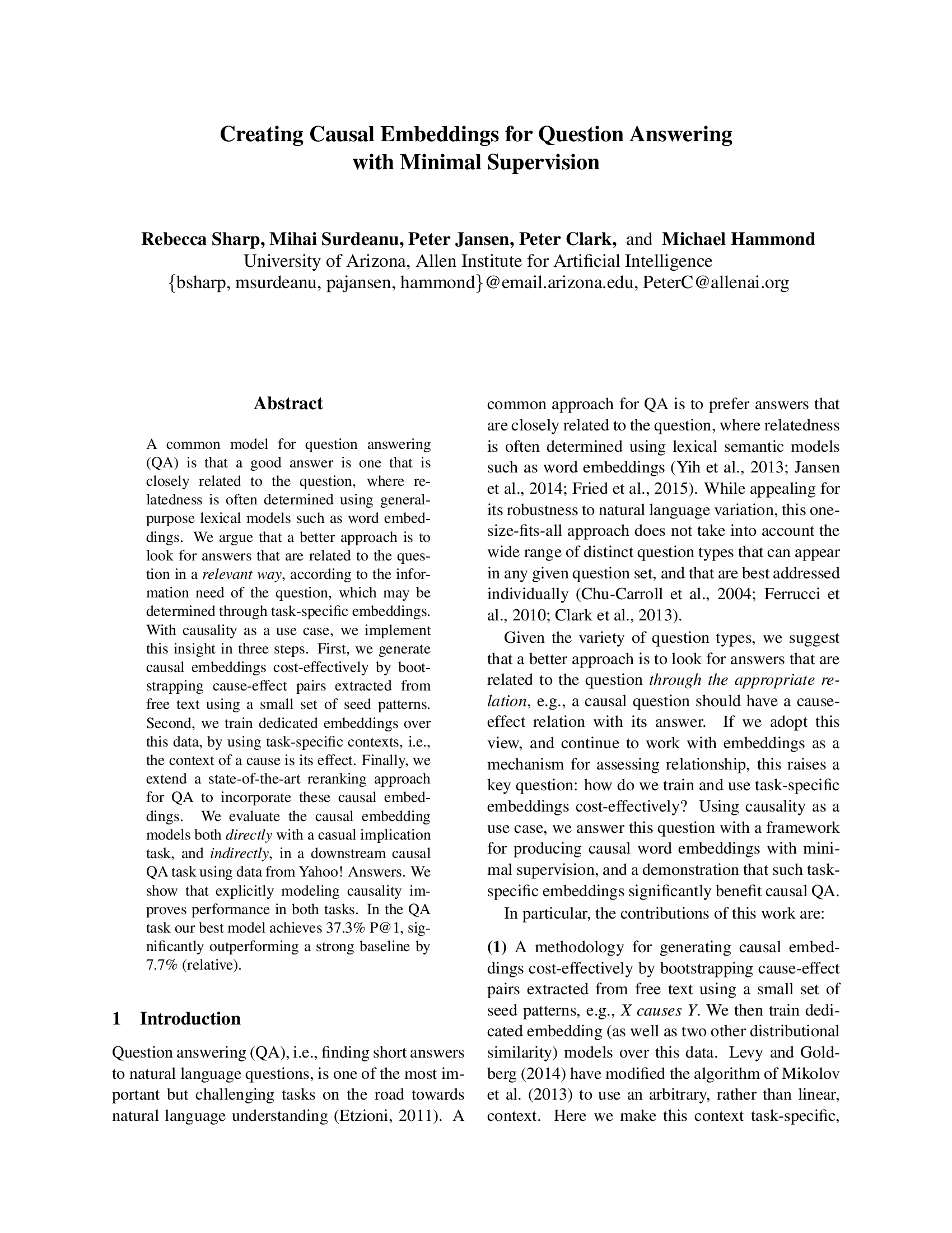 Creating Causal Embeddings for Question Answering with Minimal Supervision