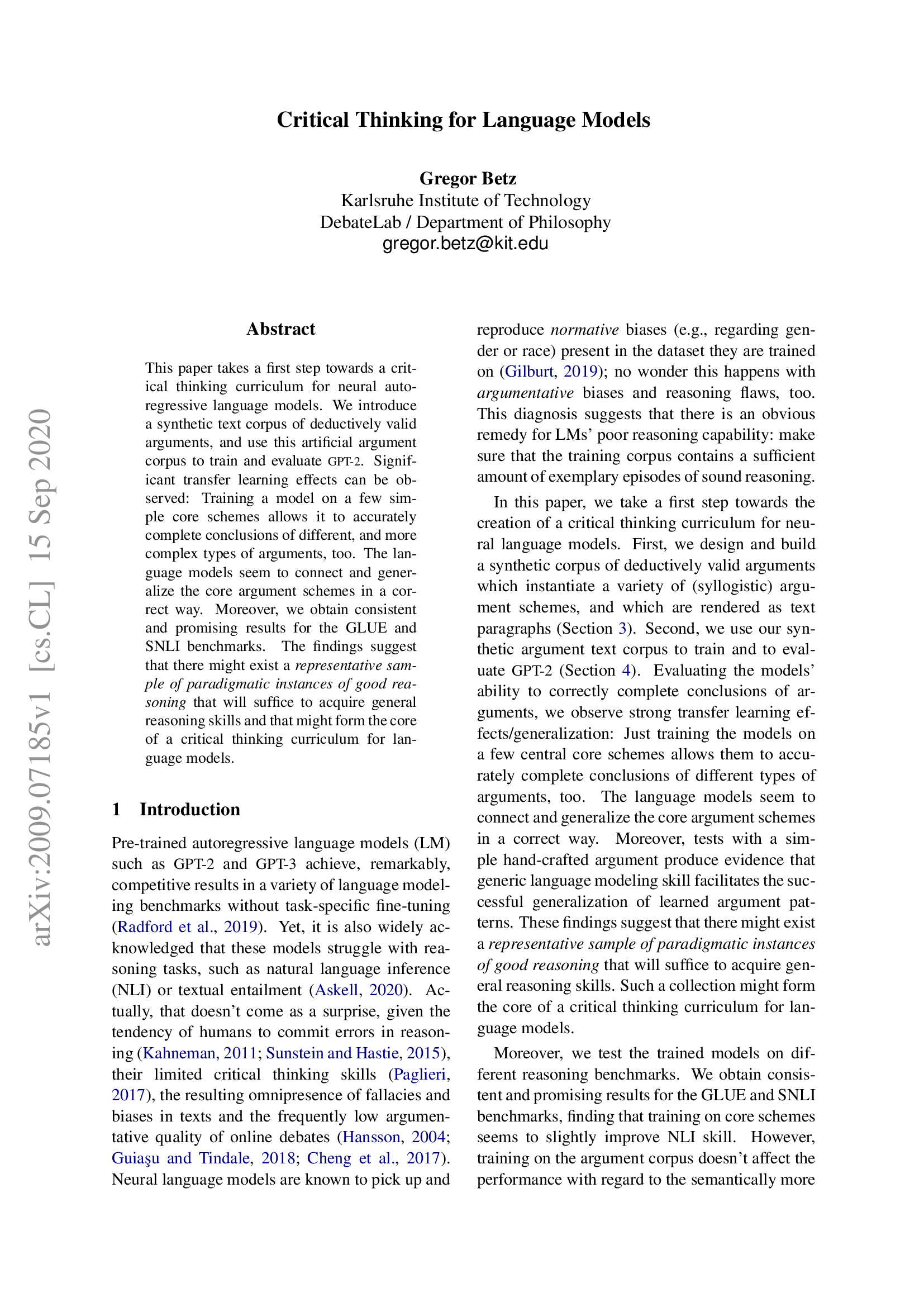 Critical Thinking for Language Models