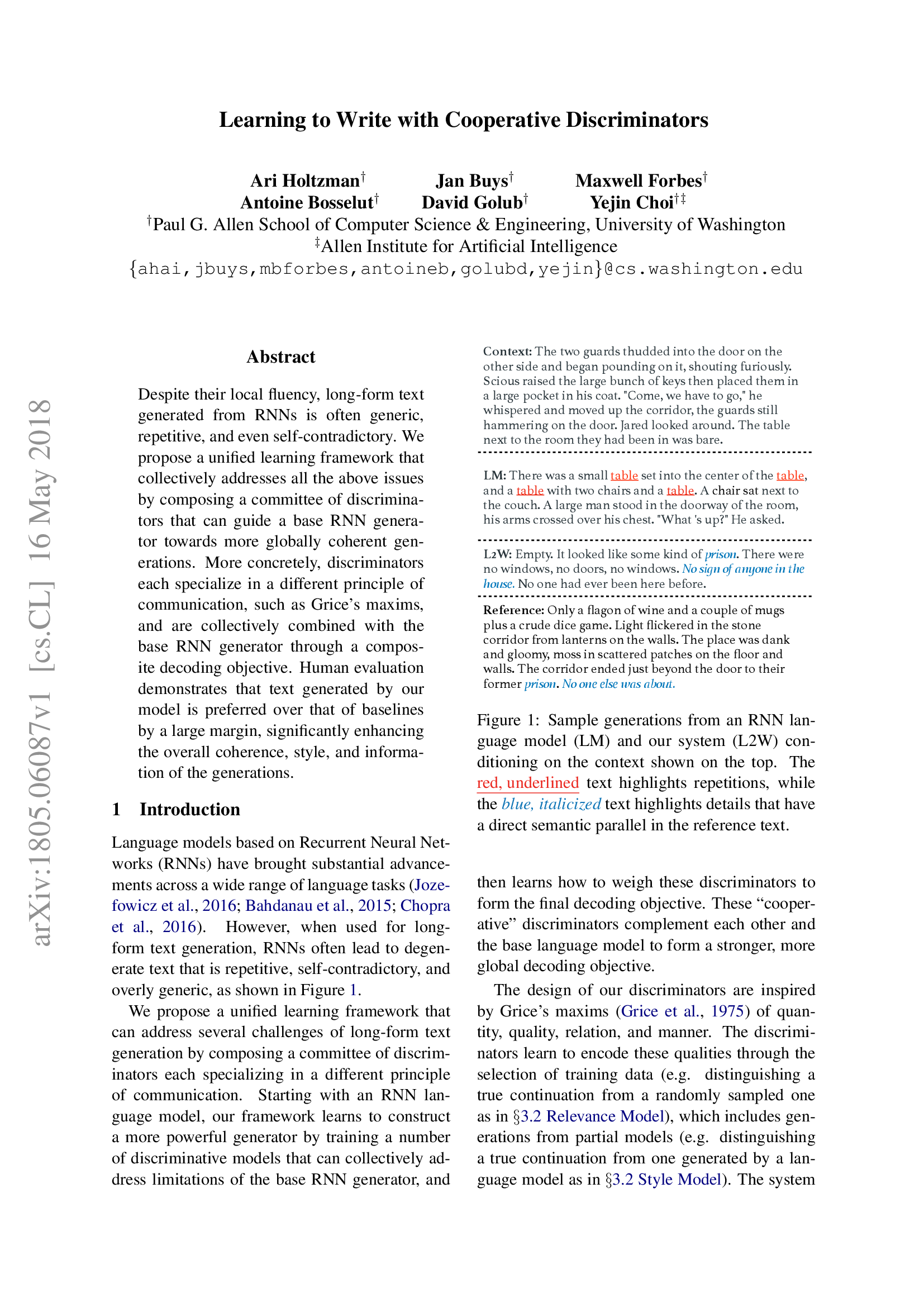 Learning to Write with Cooperative Discriminators