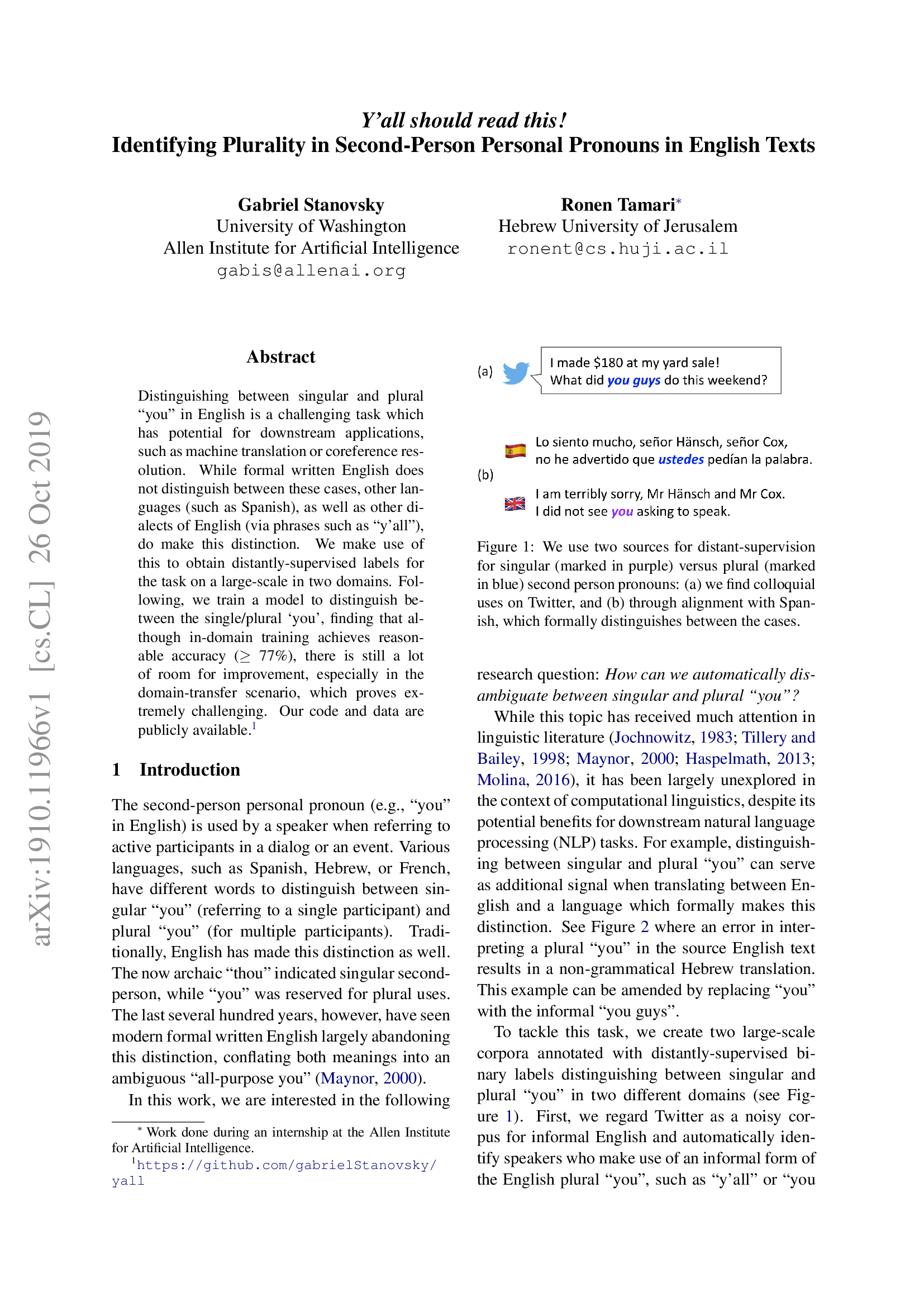 Yall should read this! Identifying Plurality in Second-Person Personal Pronouns in English Texts