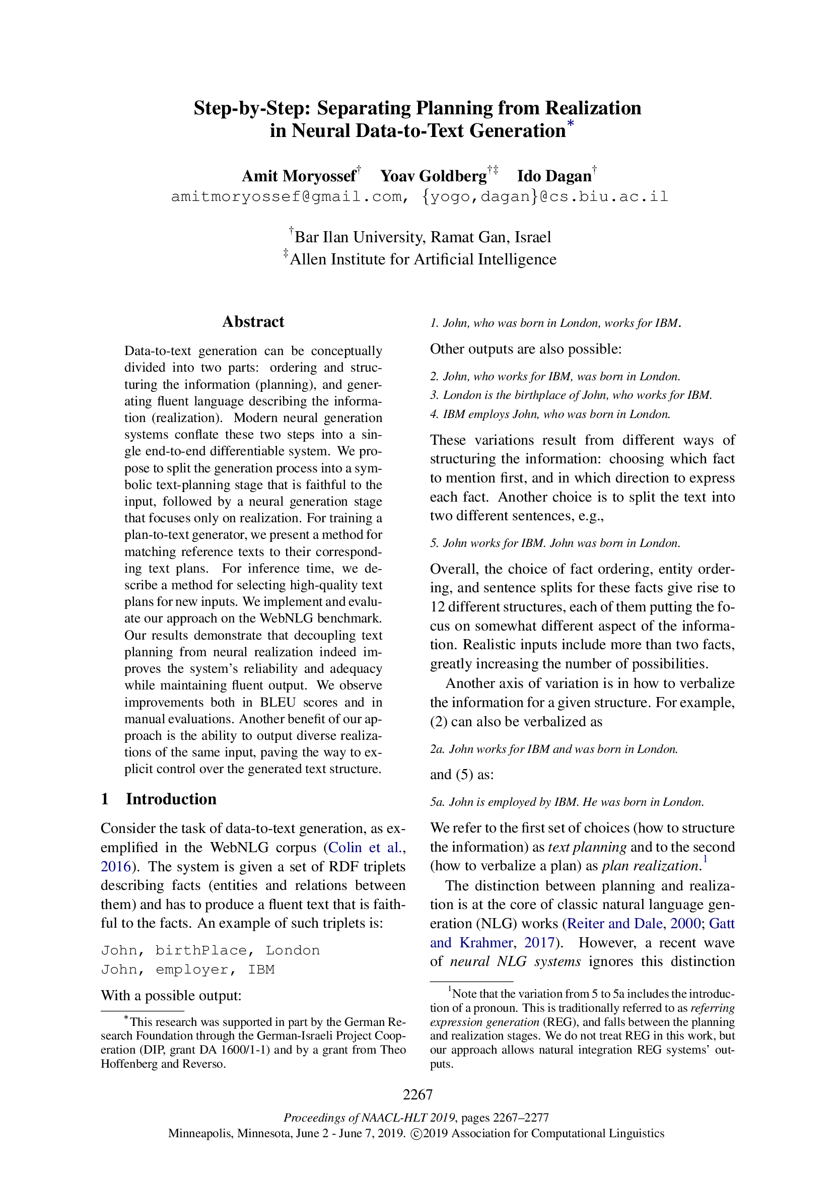 Step-by-Step: Separating Planning from Realization in Neural Data-to-Text Generation
