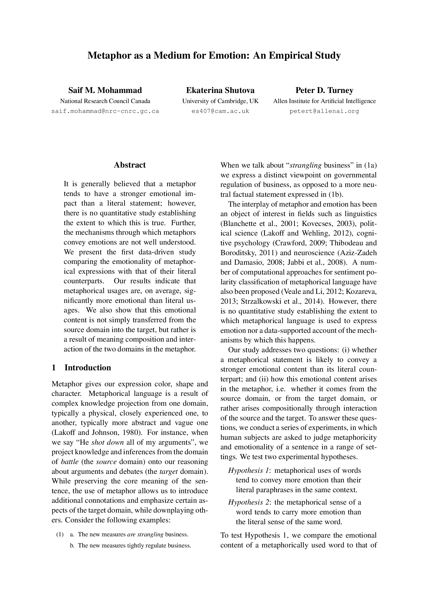 Metaphor as a Medium for Emotion: An Empirical Study
