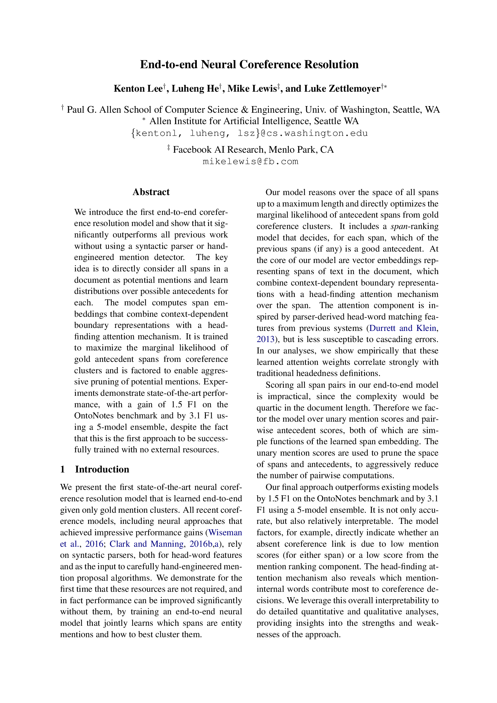 End-to-end Neural Coreference Resolution