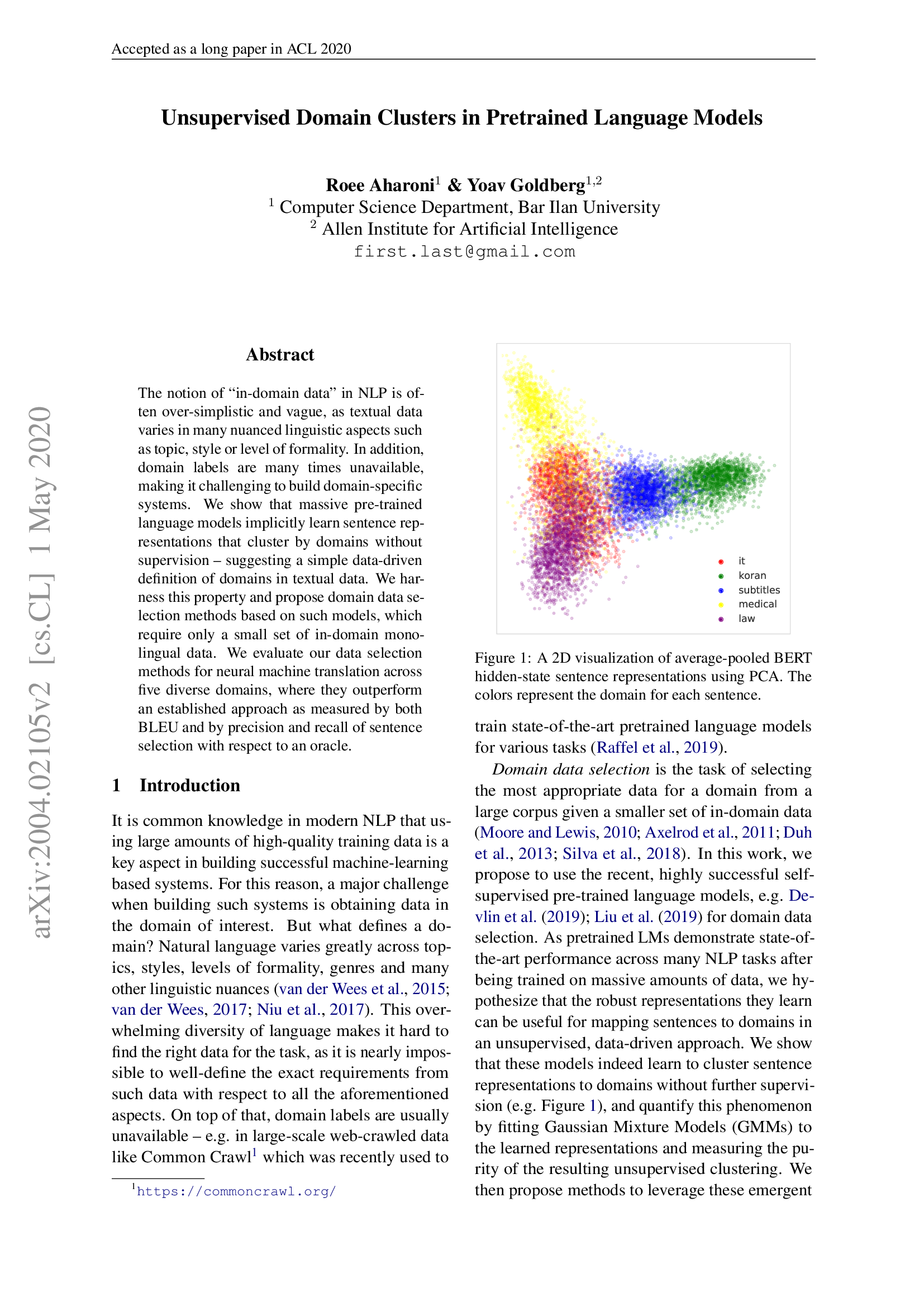 Unsupervised Domain Clusters in Pretrained Language Models
