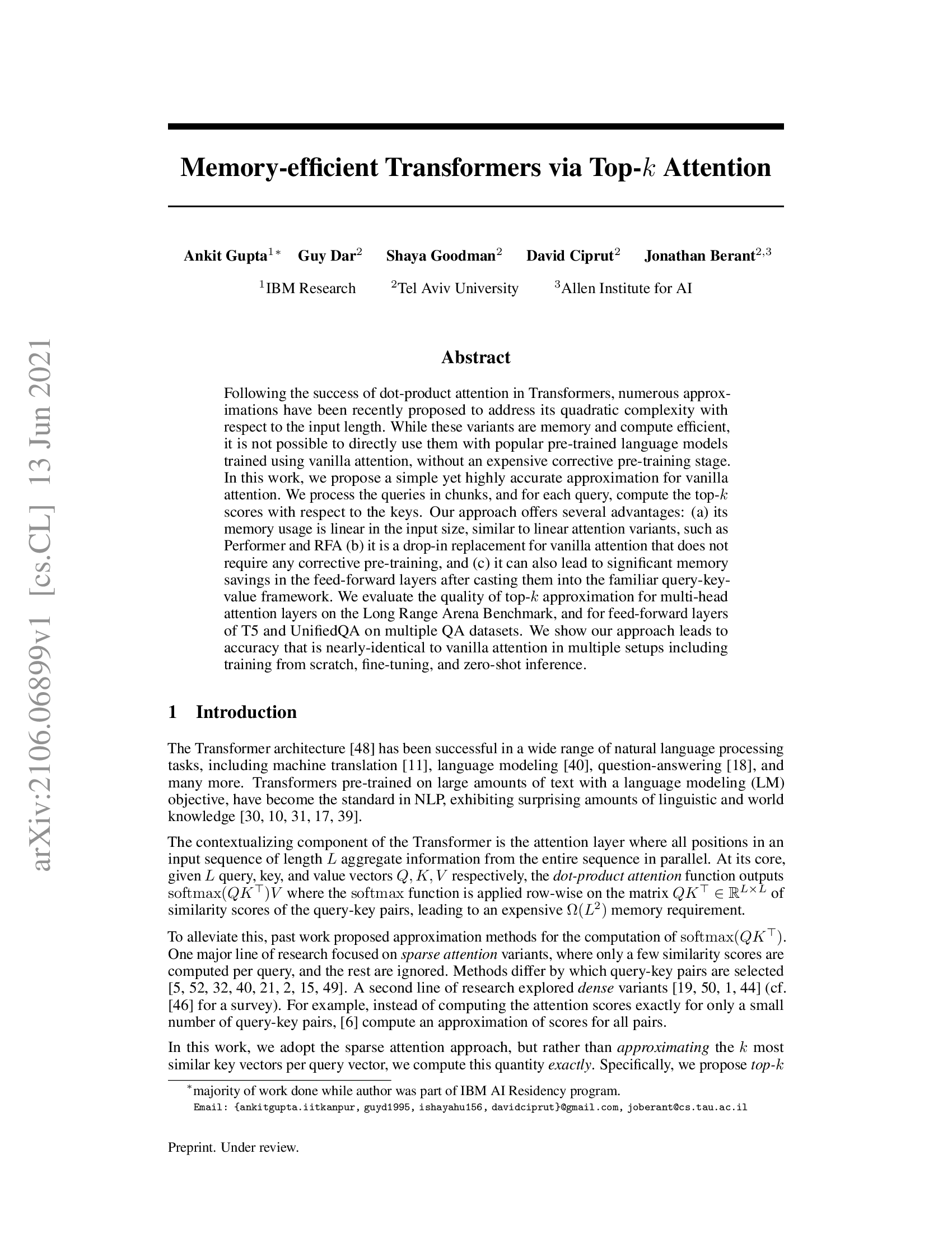 Memory-efficient Transformers via Top-k Attention
