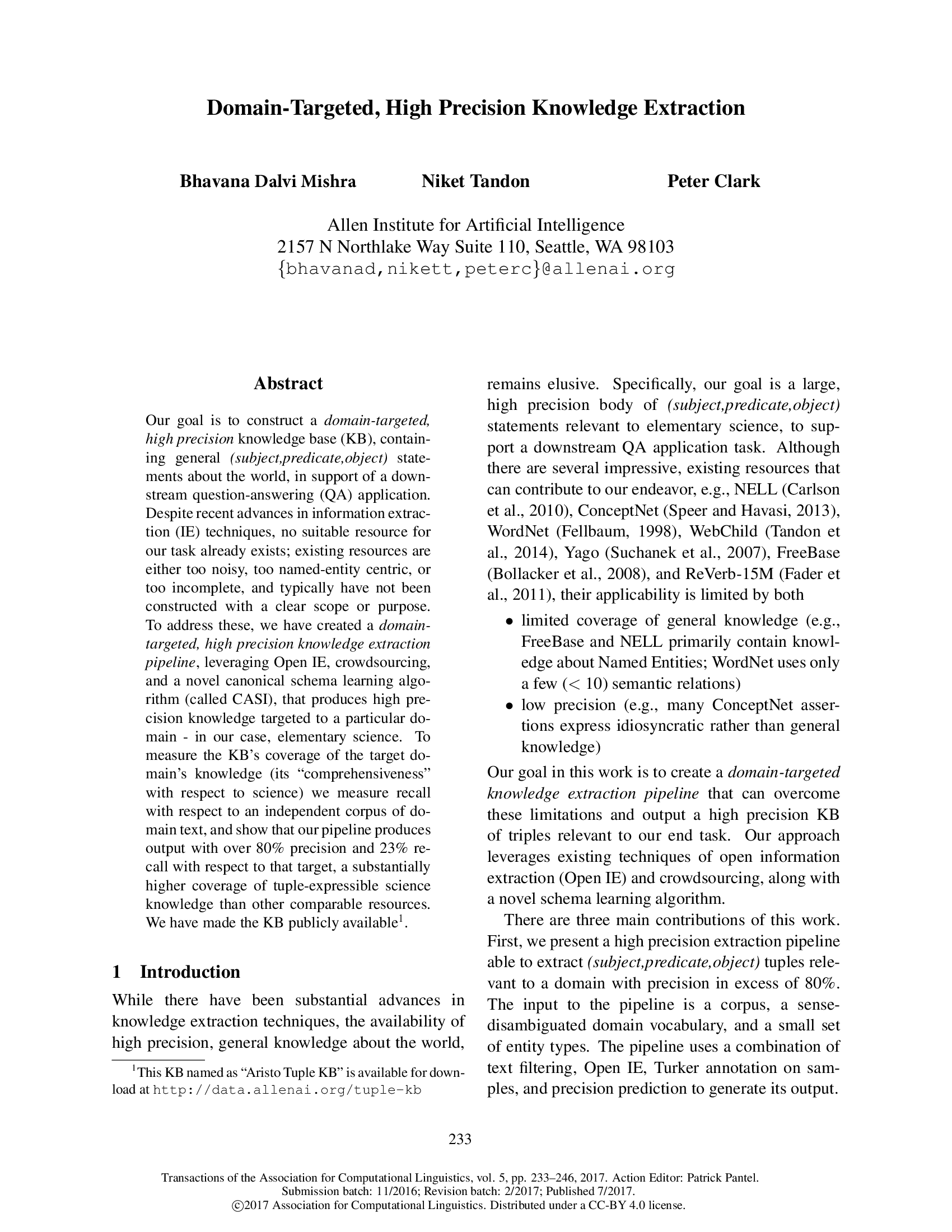 Domain-Targeted, High Precision Knowledge Extraction